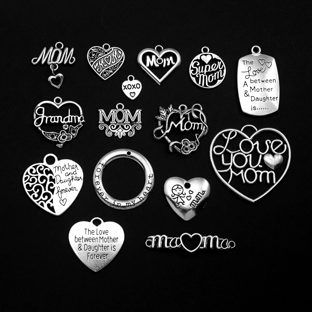 5-50pcs/lot Antique Mom Mother Daughter Charms Heart Love Pendants For Diy Jewelry Making Supplies Wholesale Items Resale Bulk