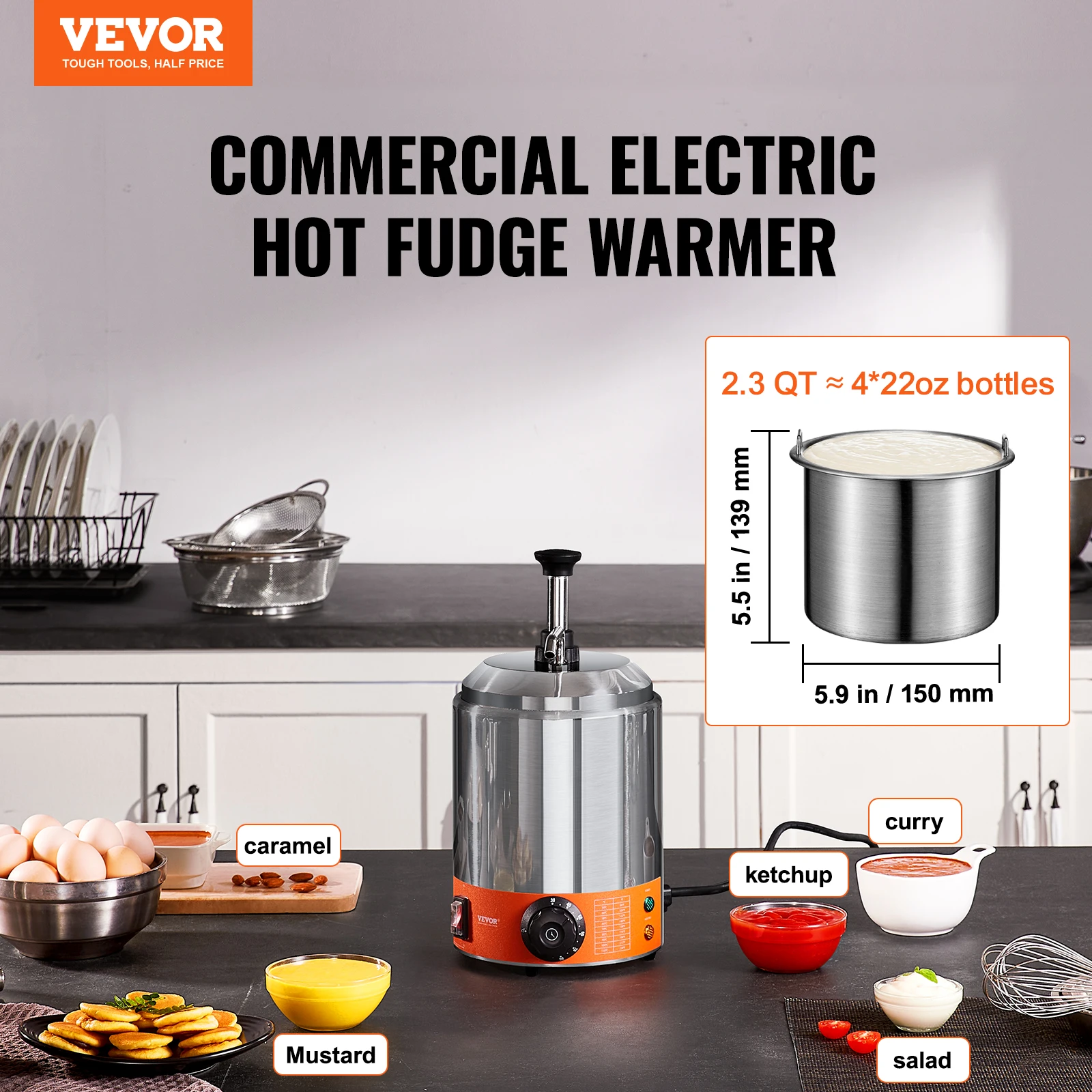 VEVOR Electric Cheese Dispenser with Pump 2.3 Qt Commercial Hot Fudge Warmer 86-230℉ Temp Adjustable Nacho Cheese Sauce Warmer