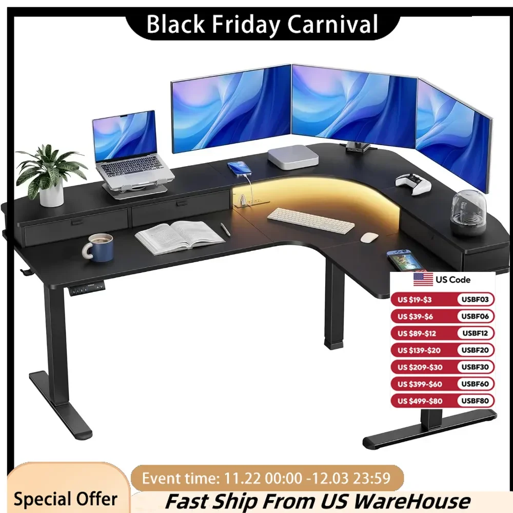 Computer Desks, 65″ L-Shaped Standing Desk with Power Outlets & LED Strip, Support C-Clamp Mount, Electric, Computer Desks