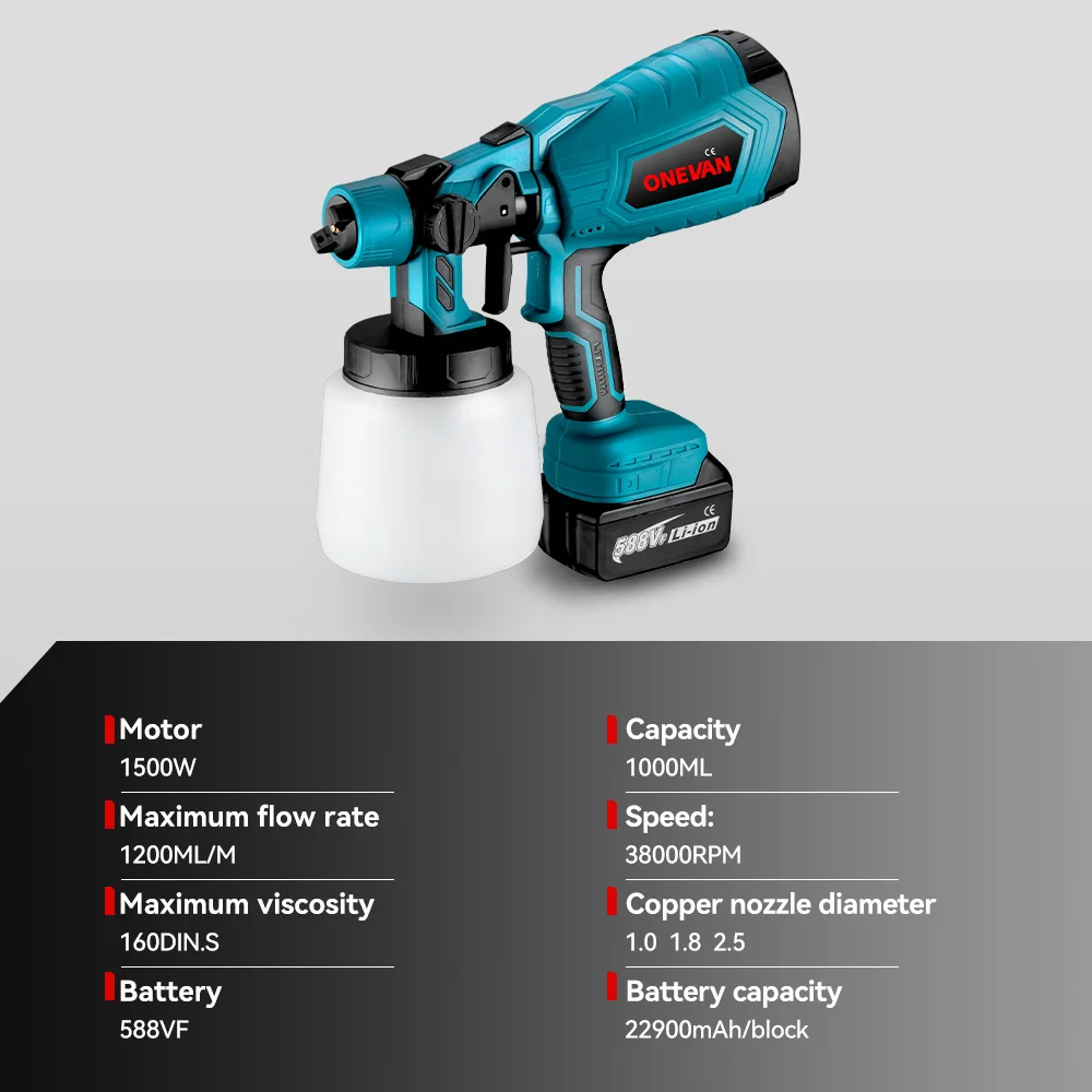 ONEVAN 1000ML elektryczny pistolet natryskowy bezprzewodowy pistolet natryskowy akumulatorowe meble samochodowe stalowe elektronarzędzia do