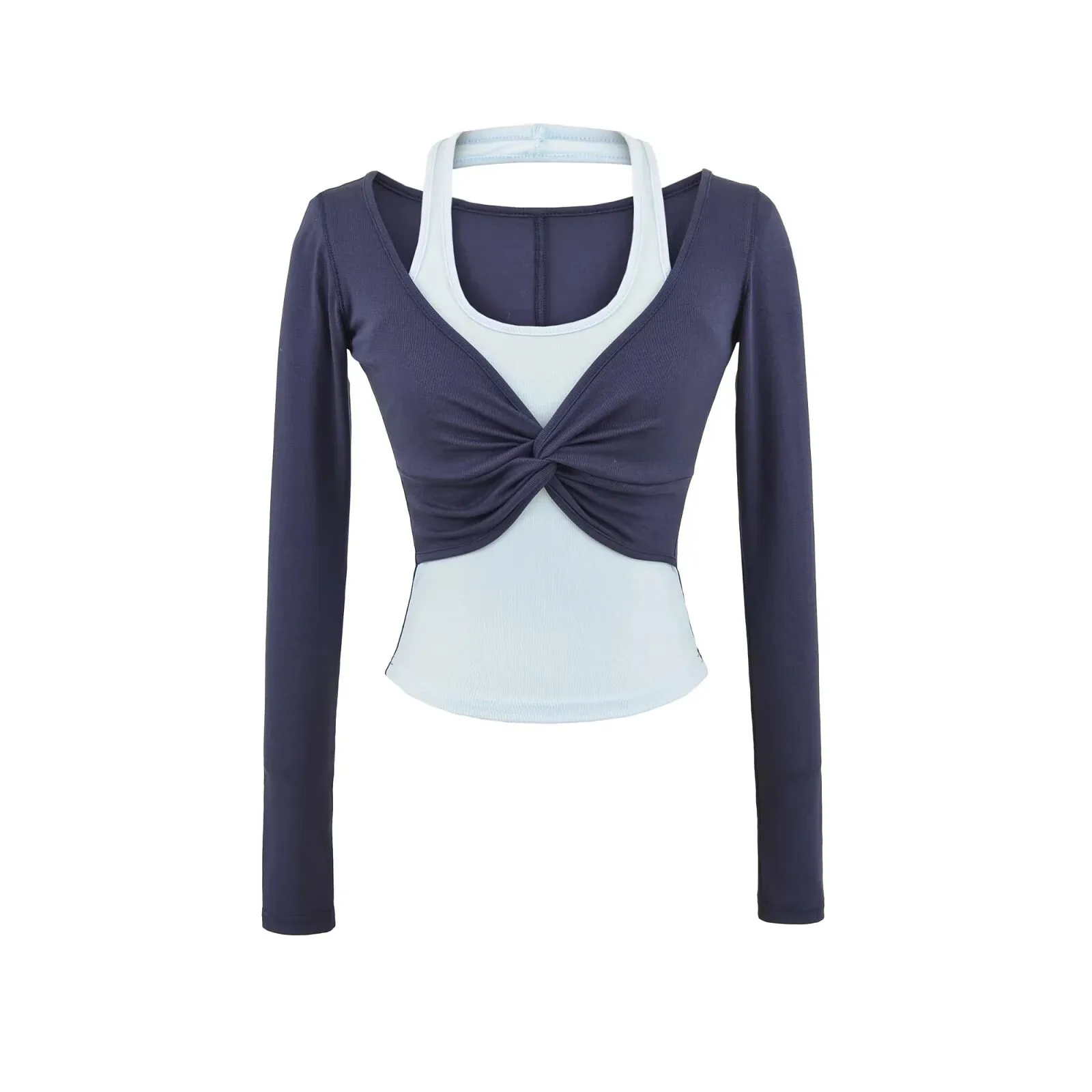 新しいセクシーなホットガール純粋な欲望スタイルカラーブロックフェイクツーピースストレッチタイトベースTシャツショートトップ長袖ホルタートップ6K4Y