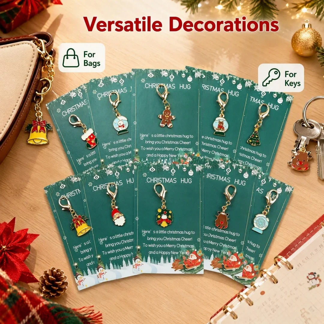 Gift for Her/Him 10pcs Christmas-themed Keychain Set Featuring Designs of Santa Claus, Snowmen, Gingerbread Men, Bells, Reindeer