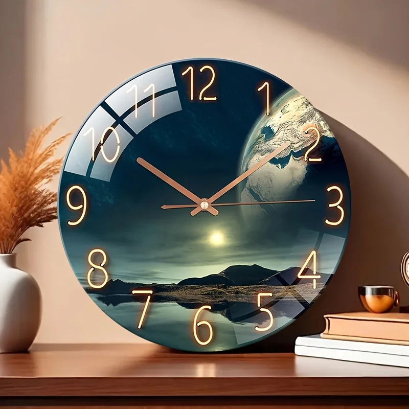 12 Inch Silent Glass Wall Clock Earth Landscape Design Tempered Glass Modern Home Decor for Living Room Bedroom Christmas Gift