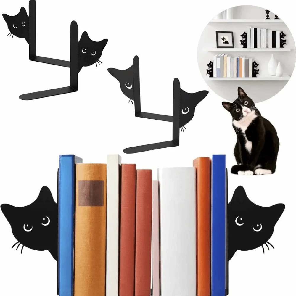 

2Pcs Non-Slip Base Peeping Black Cat Bookend Decorative Stable Design Book Stand Multifunctional Bookshelf Holder