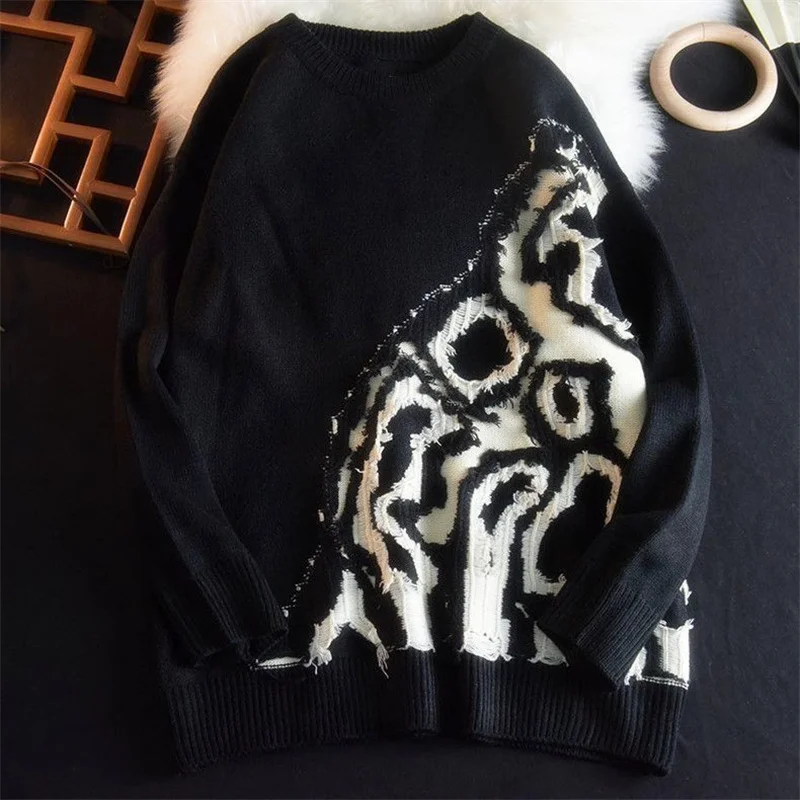 Y2K الأمريكية فضفاض Vintage البلوزات السوداء تقسم الخريف الشتاء أنيق المتوترة هول تريكو الرجال سترة س الرقبة بلوفر مغزول #1