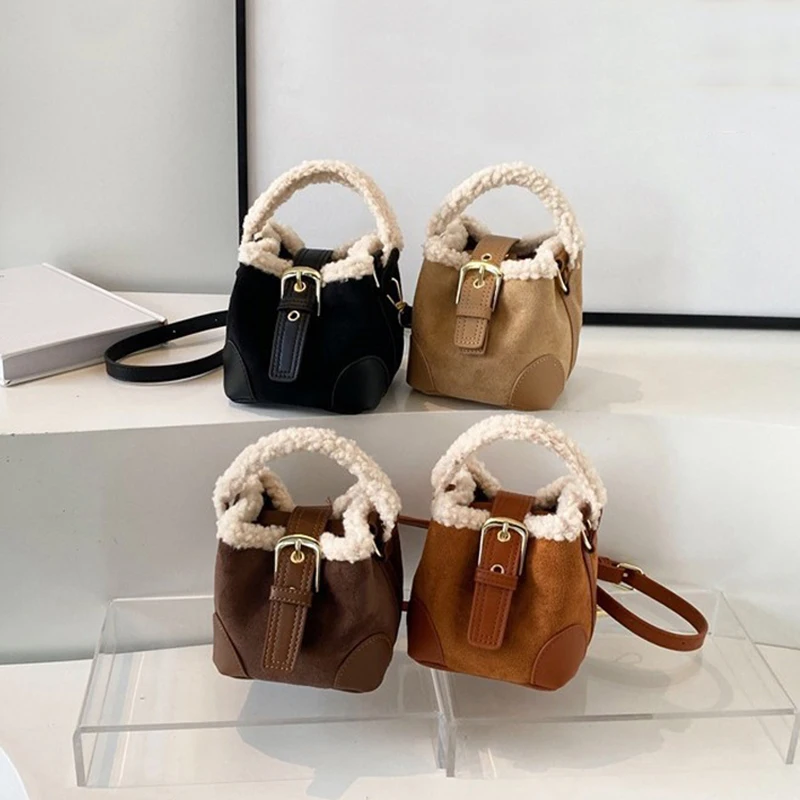 Lamb Wool Mini Bucket Bag Maillard Suede Retro Handbag 2024 New Shoulder Crossbody Handbag