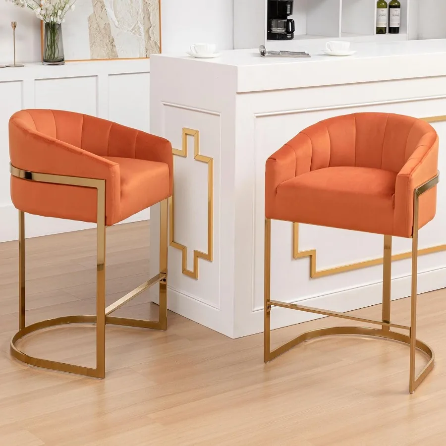 Counter Height Bar Stools Set of 2 Modern 27 H Barrel Counter Stools with Shell Back Gold Velvet Bar Stools for Kitchen Island