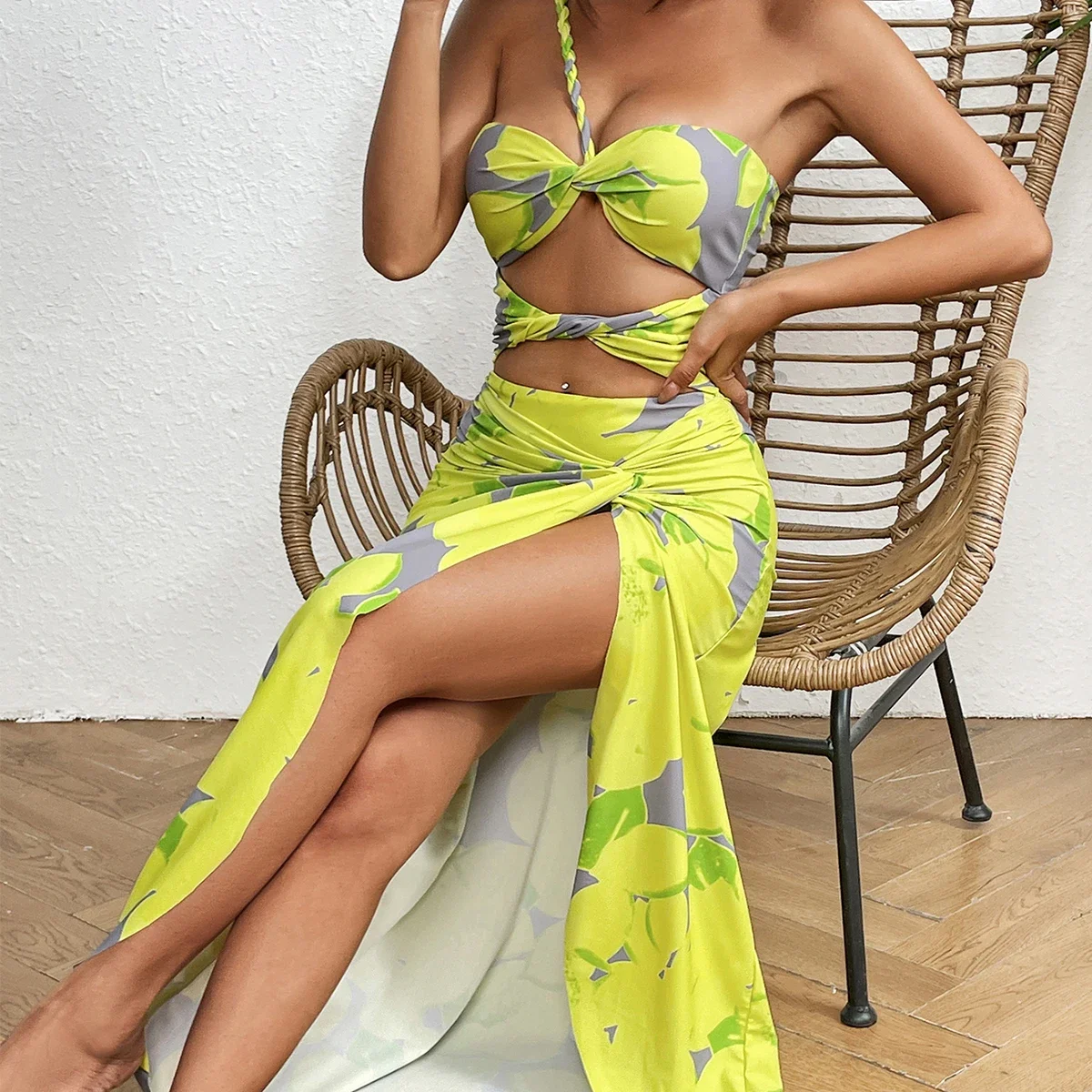 Sexy Bathing Suit Ruffle Strap Biquinis Feminino 2024 Swimwear Yellow Print Swimsuit Brazilian Bikini Set Mujer Beach Wear