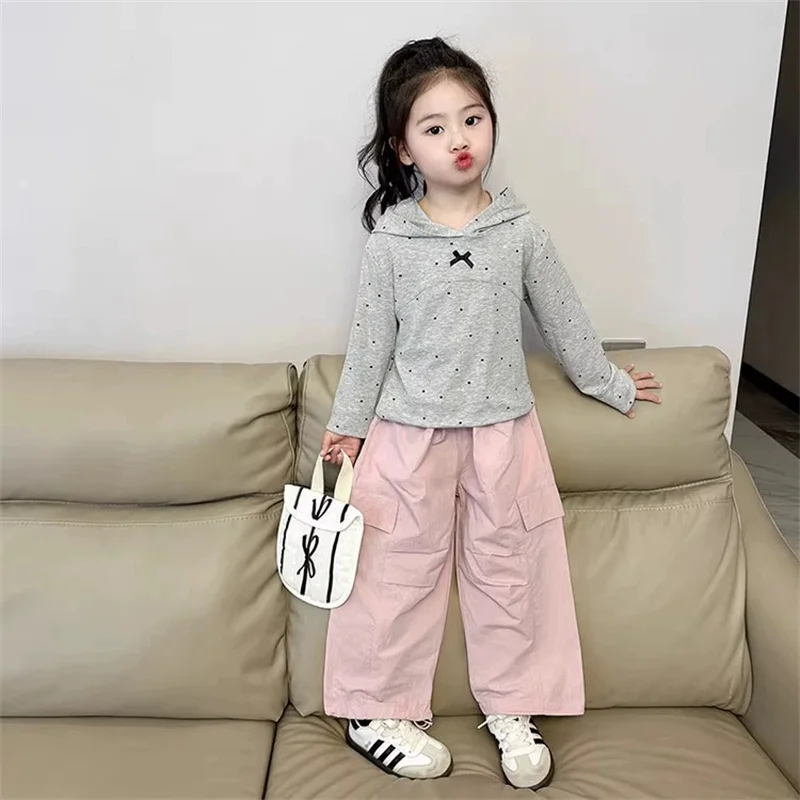 Children's Clothing Sets Girls Bow Suit Autumn Long-Sleeved Hooded Top Work Pants 2Pcs Spring Kids Polka Dot Outfit Baby Costume