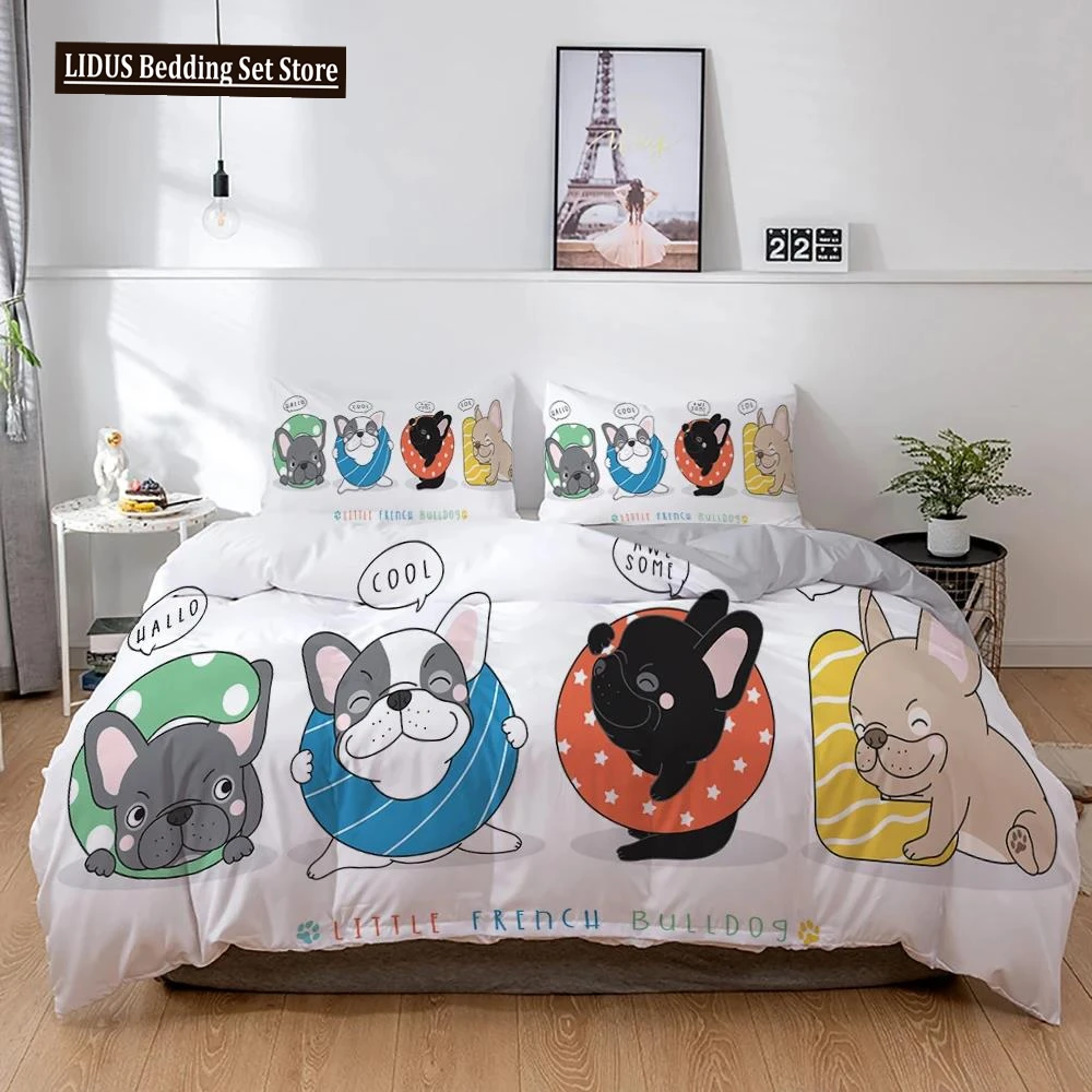 

3D Dog Bedding Set Cute French Bulldog Puppy Duvet Cover Sets Cartoon Bed Cover Pet Animals Home Textiles Queen 2/3Pcs King Full