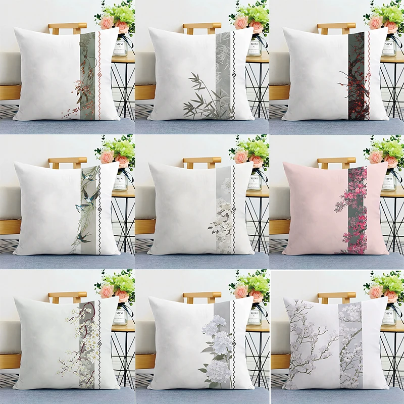 Simple Plum Blossom Print Decorative Pillowcase Bedroom Living Room Square Cushion Pillowcase