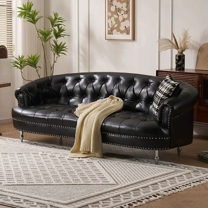 Black small apartment living room straight row pull button beauty salon leisure reception leather sofa