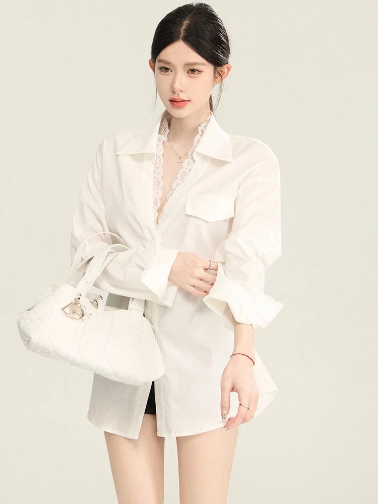 

Buleng Spring Summer New Style Lace Splicing Fake Two-Piece Shirt with Tie Design Elegant Atmosphere Women's Business Casual ...