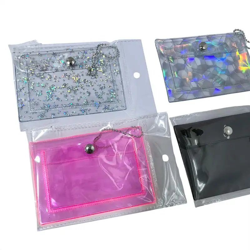 1Pc Star Glitter Transparent PVC Card Holder Mini Snap Button Coin Purse with Bead Chain Keychain for ID Card Daily Storage Gift