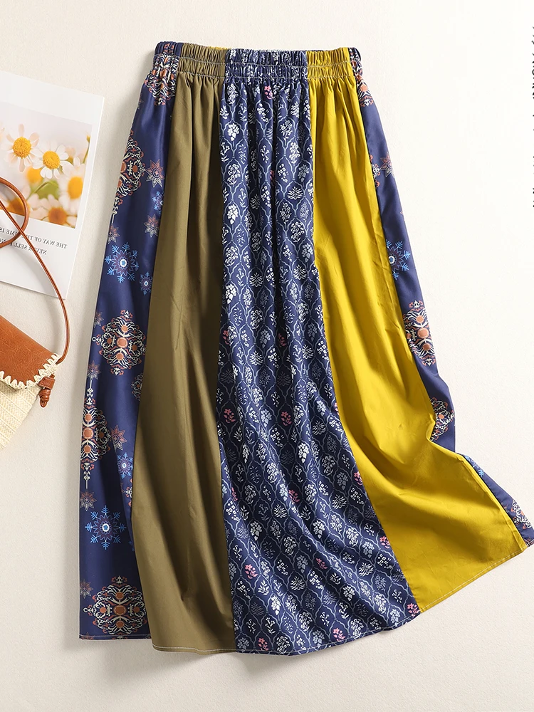 

Винтажная юбка А-силуэта с высокой талией, больших размеров, женская одежда, с эффектом похудения, эластичная талия, с принтом и пэчворком, скрывающая бедра, длинная юбка