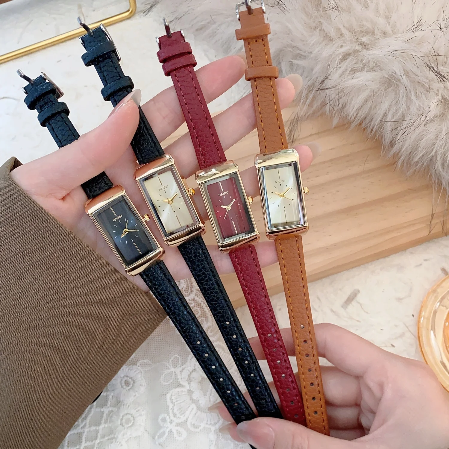 Golden Rectangular Dial Quartz Wristwatch Vintage Leather Strap Women Watches Casual Simple Watch reloj mujer Dropshipping