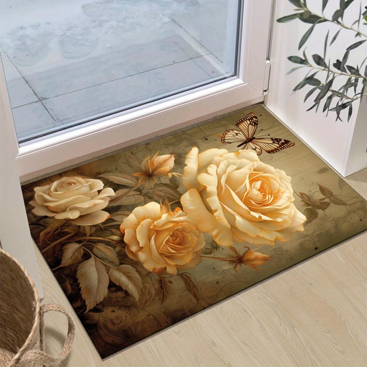 

1pc Flower and butterfly print pattern carpet, crystal velvet fabric, suitable for bedroom living room decoration