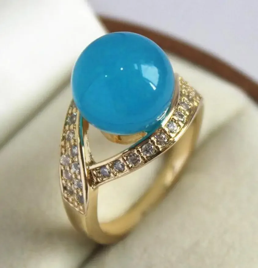 

Милая женская кольцо 18K с кристаллами и кольцом из синего нефрита 12 мм ( # 7 8 9 10)