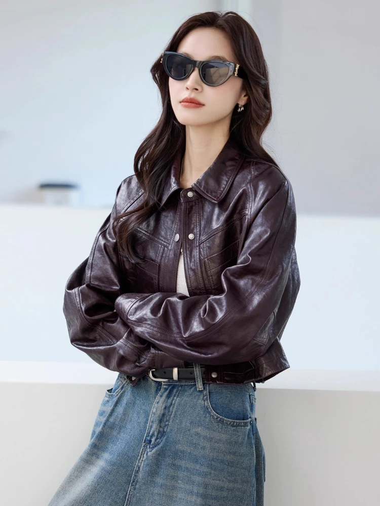 سترات كاجوال قصيرة من الجلد الطبيعي للدراجات النارية للنساء لربيع الخريف معطف من جلد الغنم الحقيقي البسيط والصلب والزيت