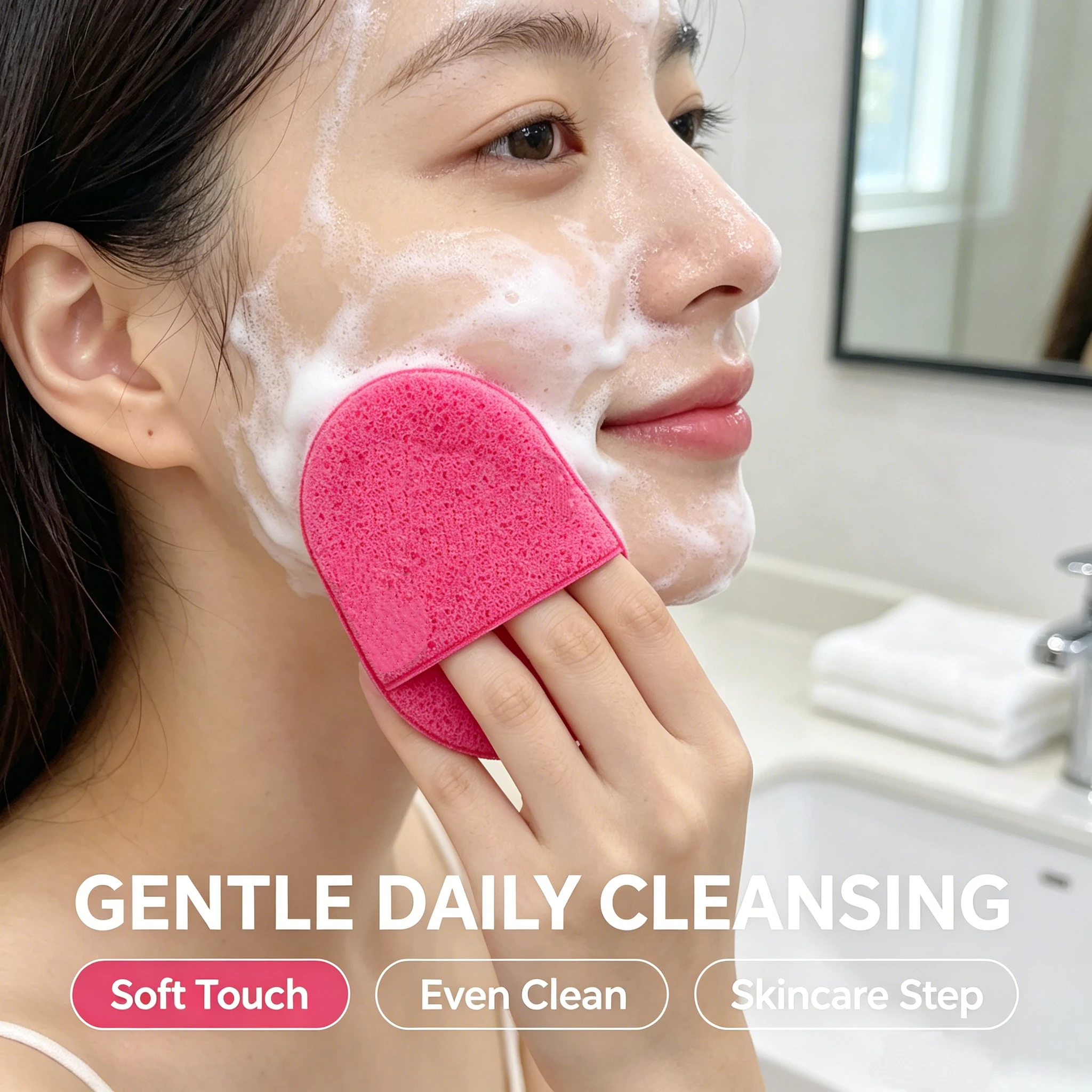 Skin-friendly soft-edge cleansing sponge puff with a handheld pocket design for secure grip; gentle cleansing without irritation