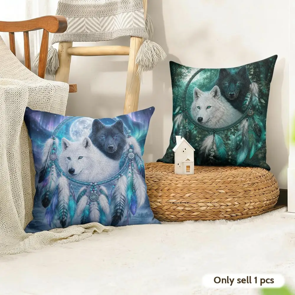 Moonlit Wolf Guardians Cushion Cover Natural Linen Double Sided Print  Throw Pillow Case for Sofa Couch Home Decor