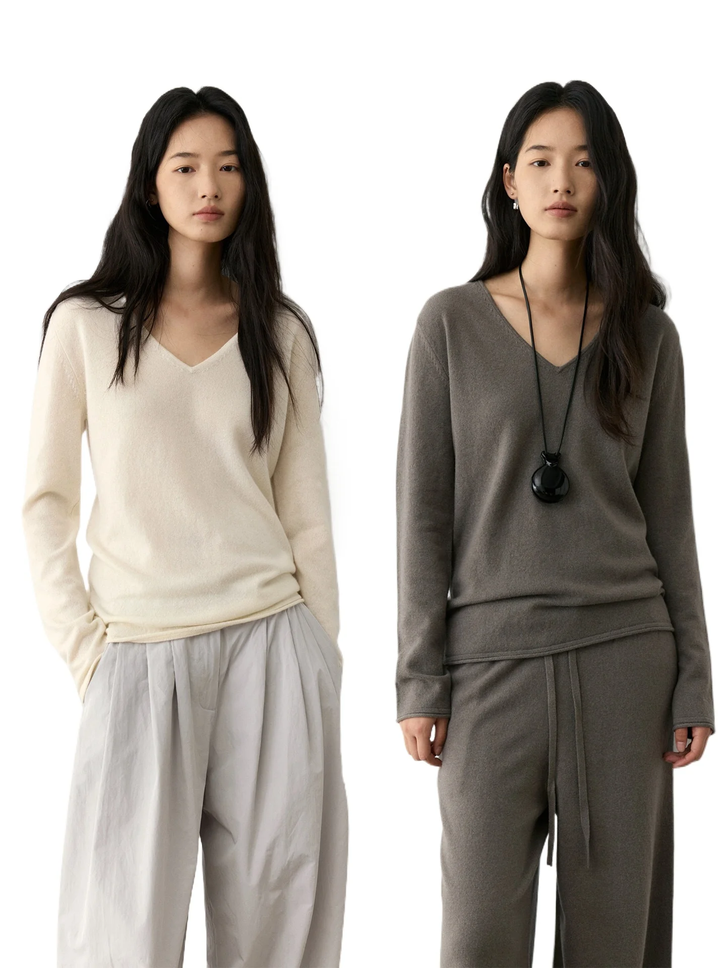 

Jane Slack _ Soft Mist Air V-Neck Curled Consinee AU Pure Cashmere Knitted Sweater Women