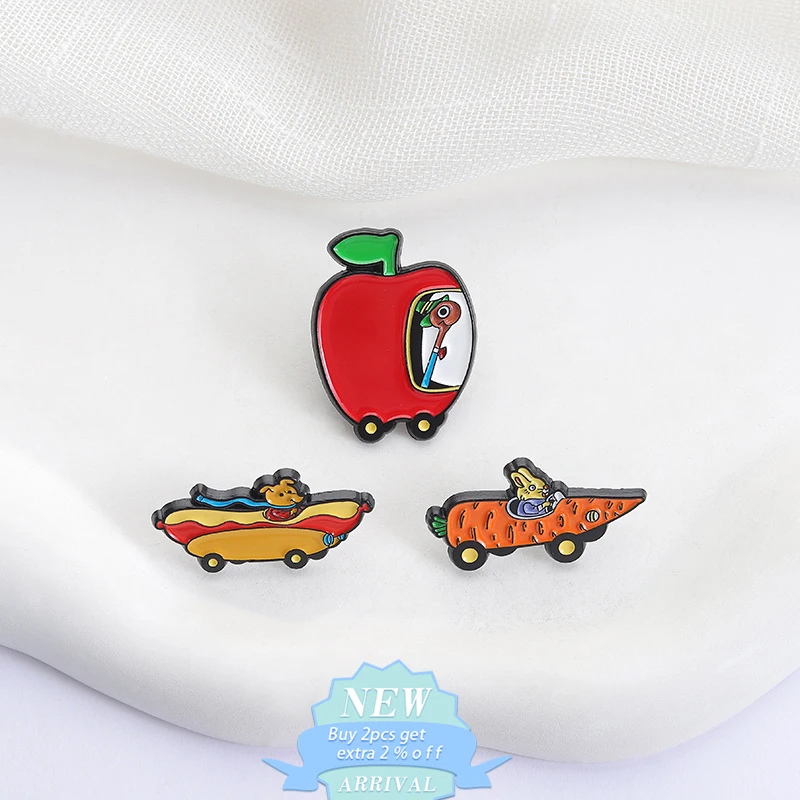 Strange Animals Driving Food Trucks Enamel Pins Cartoon Character Animals Apples Carrots Hot Dogs Brooches Badges Jewelry Gifts