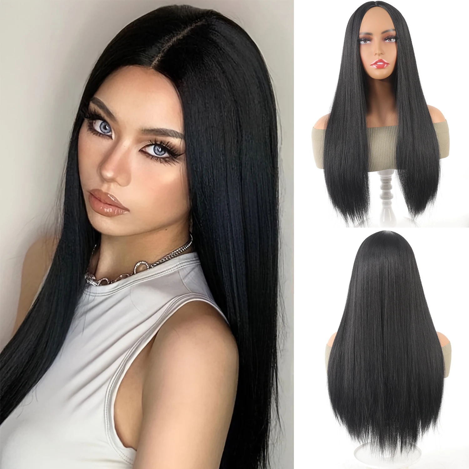 

Elegant 28 Inch Straight Headband Wig Black Heat Resistant Synthetic Wig Full Machine Made Wigs Women For Cosplay & Halloween