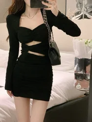 New Black Bodycon Dress Women Autumn Long Sleeve Short Party Dress Office Lady Pure Color Elegant Vintage Y2k Mini Dress Korean