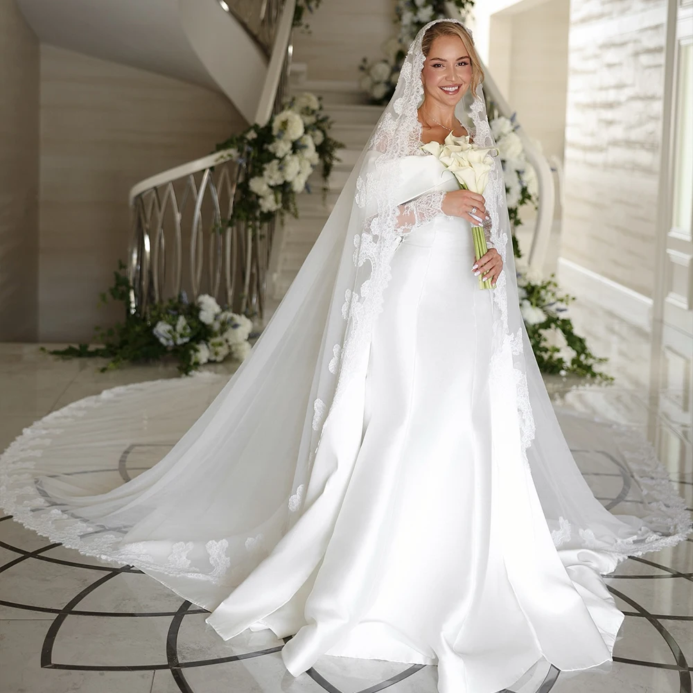 

Elegant Wedding Dresses Square Collar Long Sleeve Church Bride Dress Mermaid Satin White Bridal Gown Customized robe de mariée