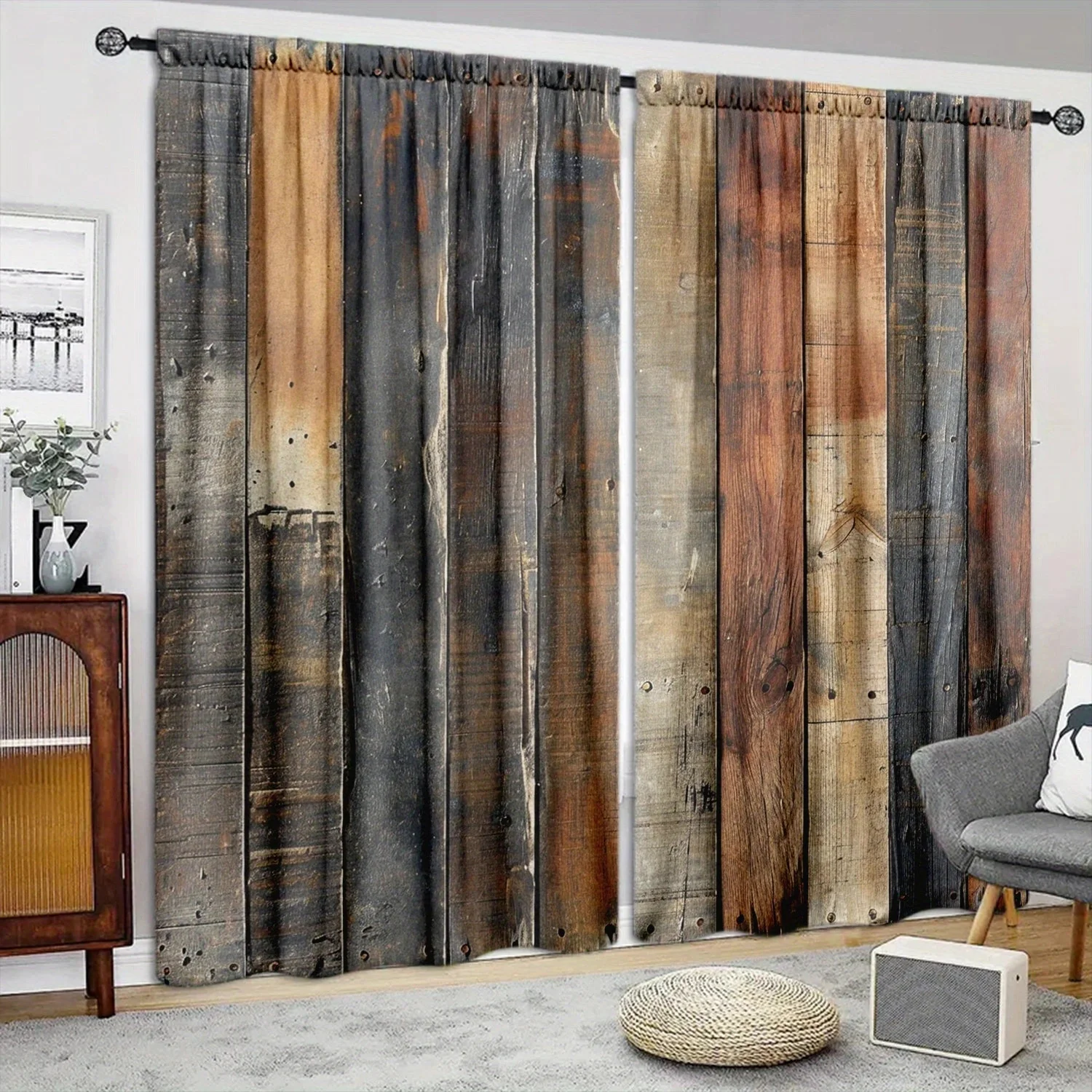 Splicing Wood Printed Curtain for Home Decor - Rod Pocket Window Treatment for Bedroom, Kitchen, Living Room