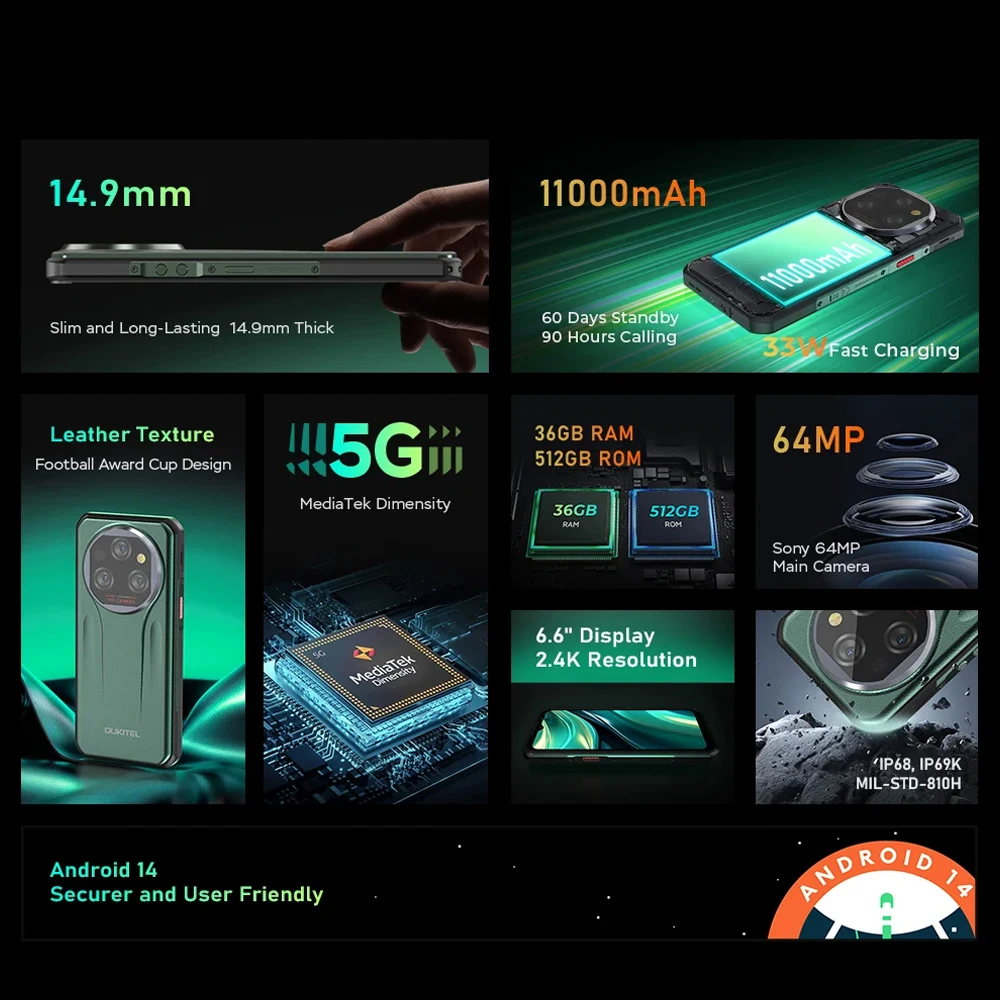 Oukitel WP39 PRO 5G Rugged Smartphone 11000mAh 6.6“ Dimensity 6300 IP68/IP69K 12GB+512GB Mobile Phones 64MP Android 14 NFC Phone