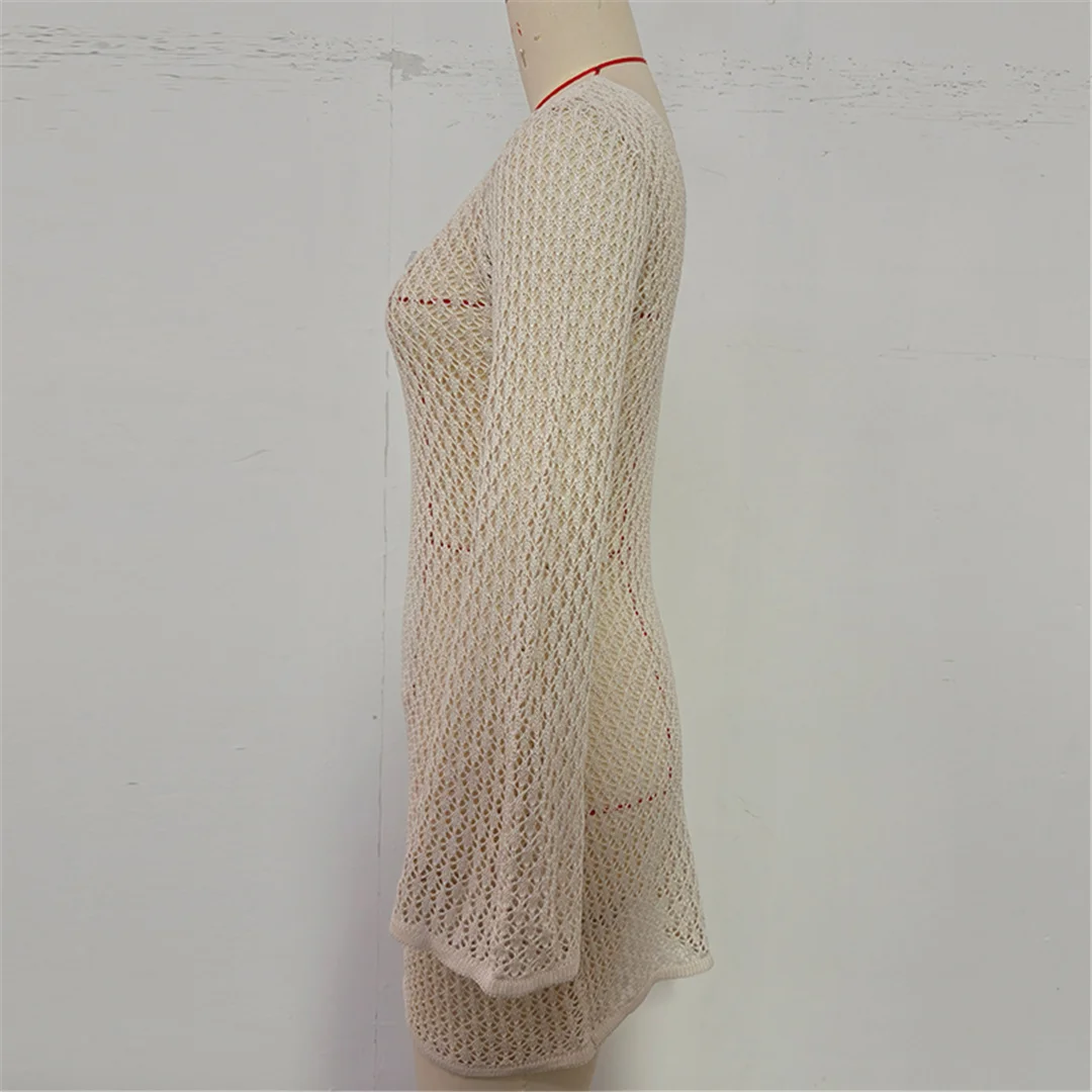 V-Ausschnitt, lange Ärmel, mit Ausschnitten versehene, gehäkelte Tunika, Strandkleid, Strandmode, Damen V7643 – Detail 24