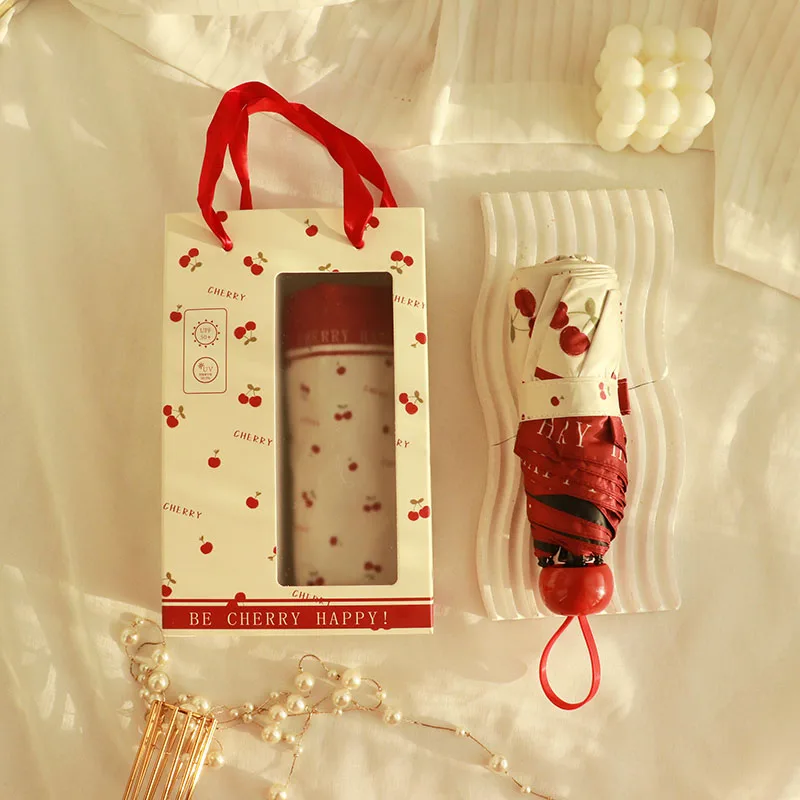 

RDASEG Cherry Print Portable Sunshade Umbrella Cute Girl Student Red Umbrella Festival Premium Gift Box Compact Folding Umbrella