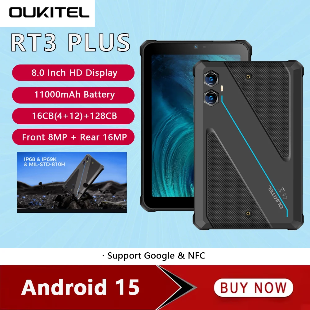 Oukitel RT3 PLUS 4G Rugged Tablet 8 Inch HD Octa Core 4GB 128GB Smart Pad 11000mAh 16MP IP68 &IP69K Tablet PC Android 15 NFC