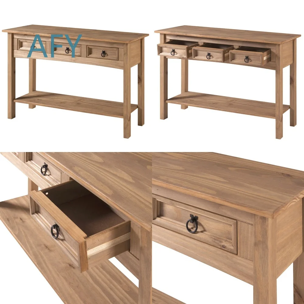 Nordic Vintage Porch Table for Outdoor Living Room Patio Deck 47.99 Inches Solid Wood Furniture with 3 Drawers Open Shelves