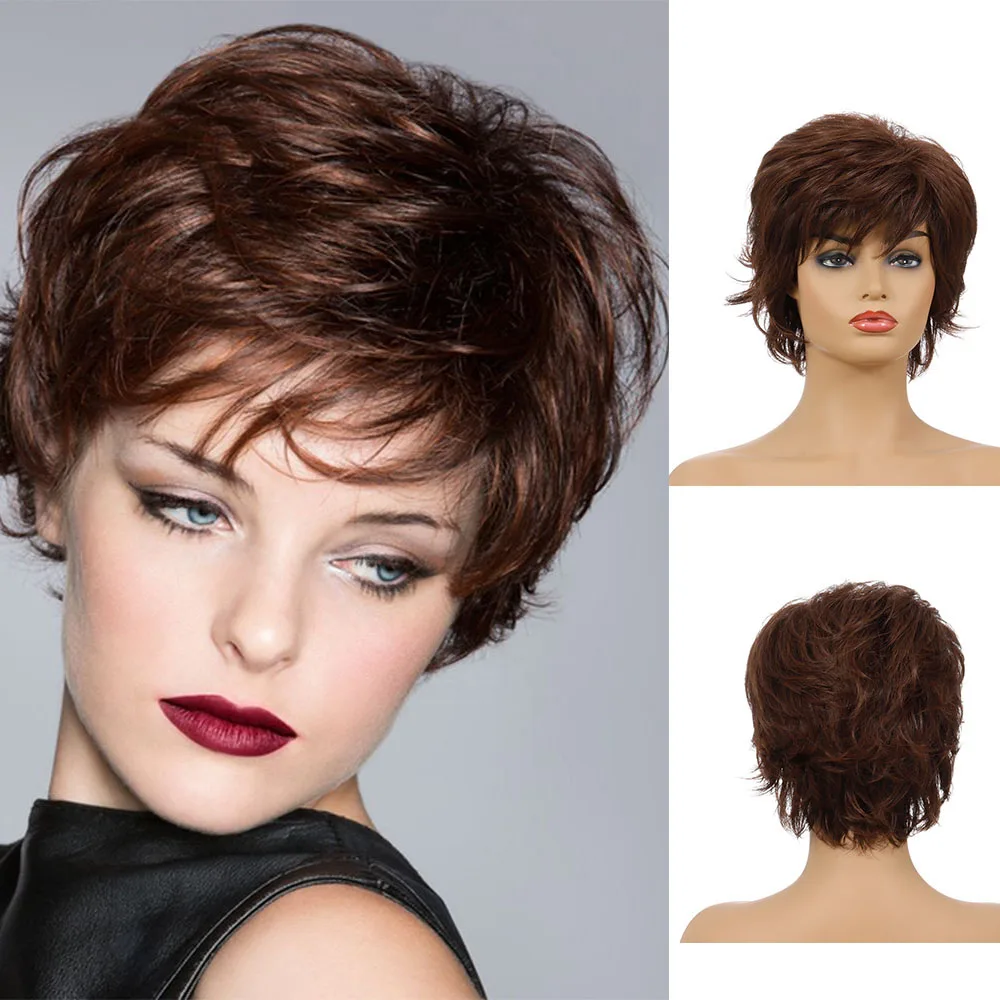 Women\'s Fashion Short Synthetic Wigs Pixie Cut Brown Ombre Hair Costume Party Wigs for Woman Fluffy Natural Curly Wig