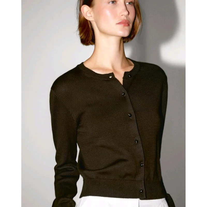 Spring Summer New Sle Women's Knitted Long Sve round Ne Open Front Skin-friendly Commuter Sle Polyester Fiber irt