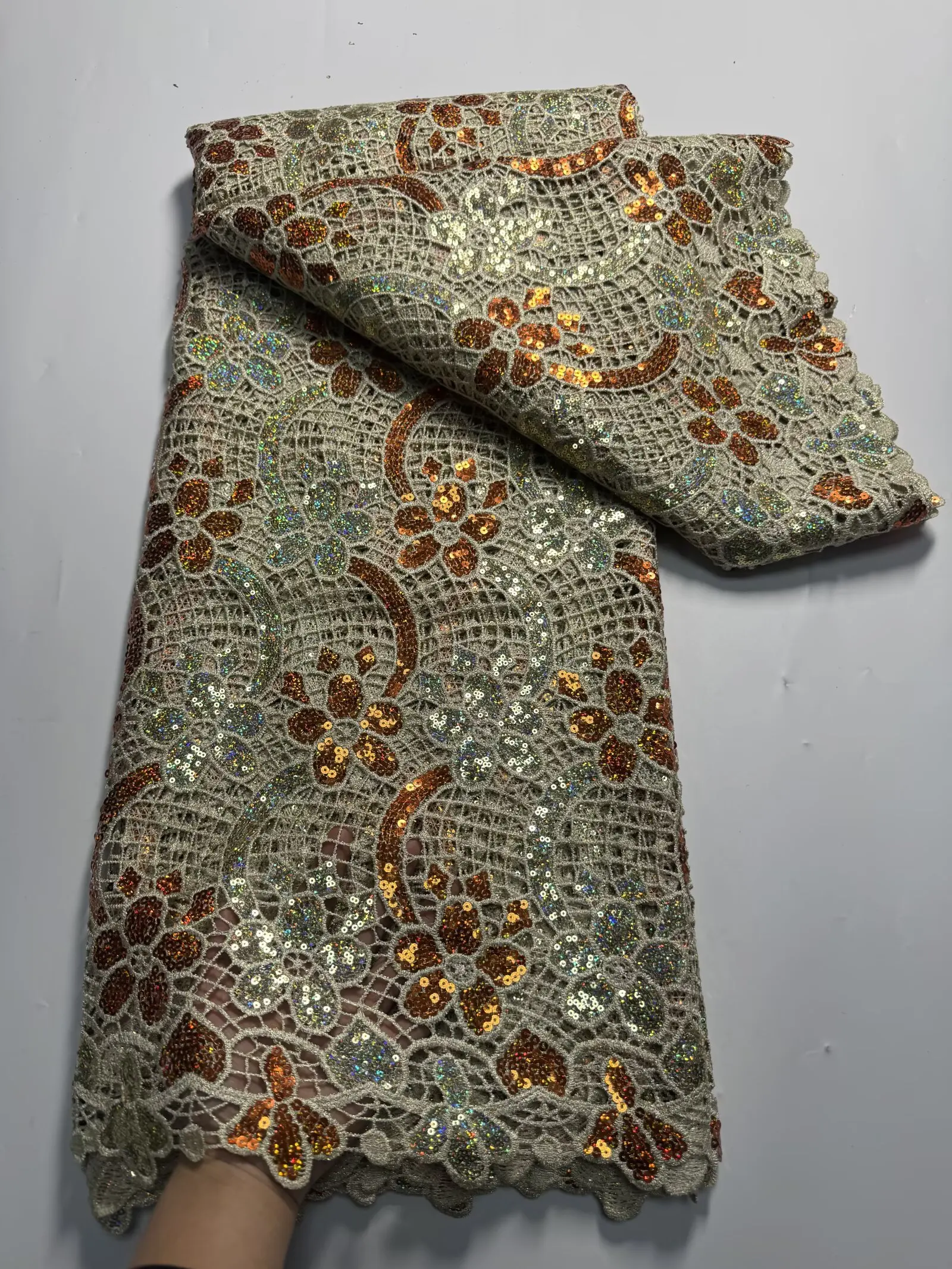 

African Guipure Embroidery Lace Fabric 5 Yards High Quality Cord Lace With Sequins For Women Party Dress French Lace Dress Sew