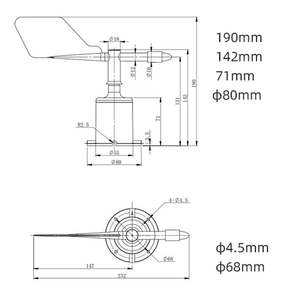 60m/s Weather Station Outdoor 3 Cup Anemometer Sensor Polycarbon Fiber Wind Speed Wind Direction Sensor Output RS485 4-20MA 0-5V