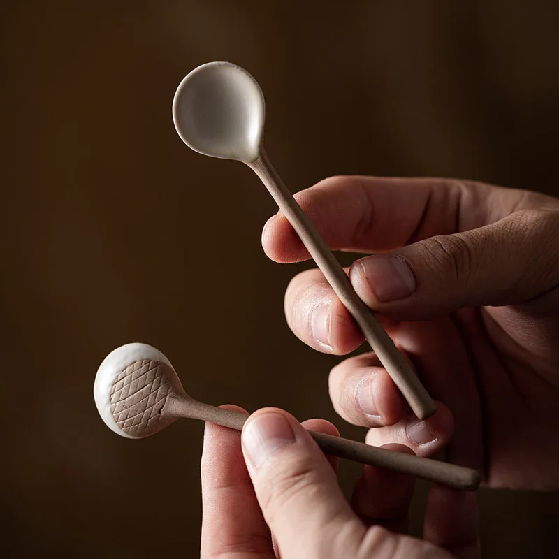 Japanese Style Handmade Retro Coffee Spoon, Ceramic Scoop, Long Handled Rough Pottery Soup, Household Kitchen Accessories Spoon