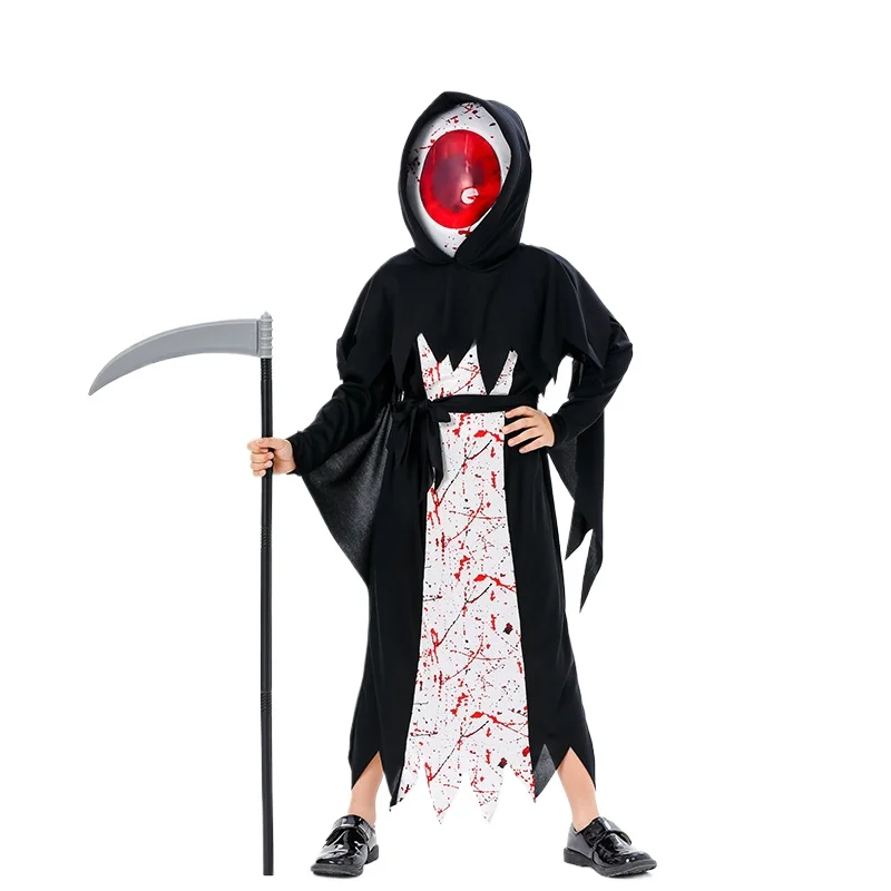 Kids Glowing Eyes Grim Reaper Halloween Costume Child Dark Knight Reaper Phantom Outfit Devil Eyes Character Cosplay Carnival