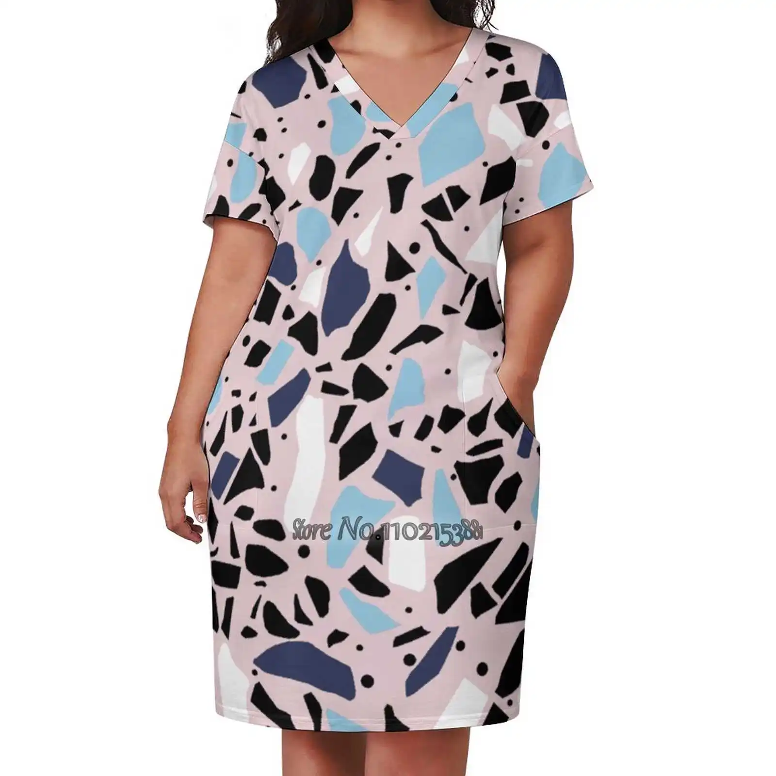 Terrazzo Loose V-Neck Skirt Sexy Short Sleeve Skirt Loose A-Line Dress Light And Breathable Dress Terrazzo Italian Tile New