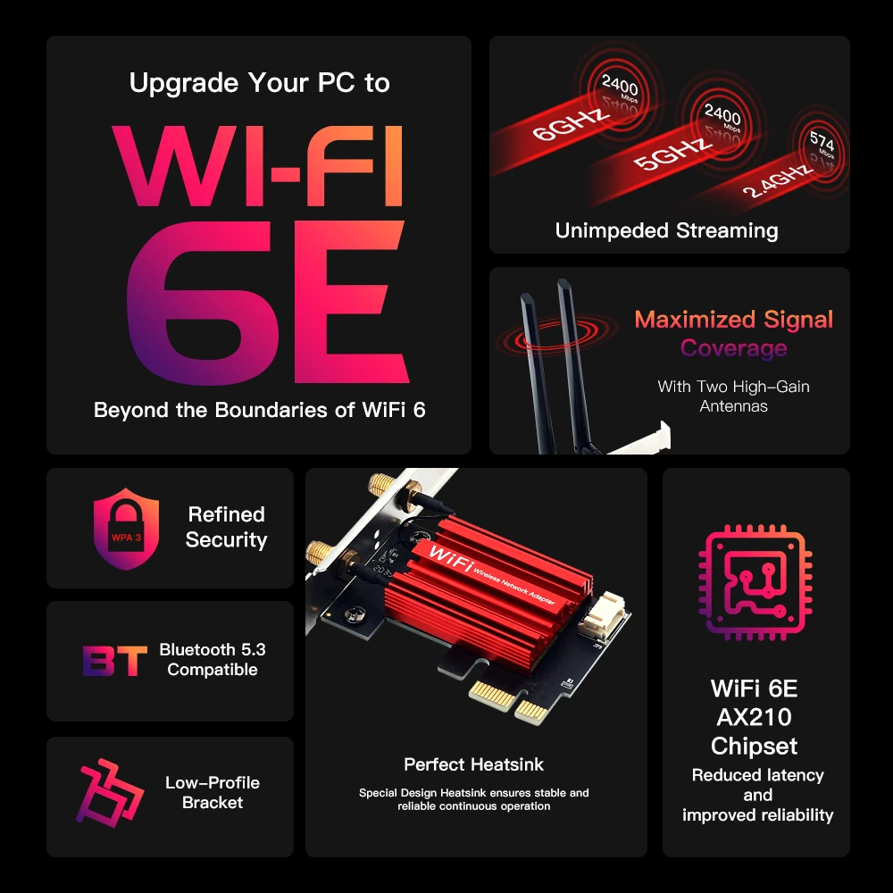 WiFi6E AX210 Bluetooth 5.3 Triple Band WiFi Card PCI-E 2.4G/5GHz/6GHz Wireless Network Card Adapter PC low heat With Accessory