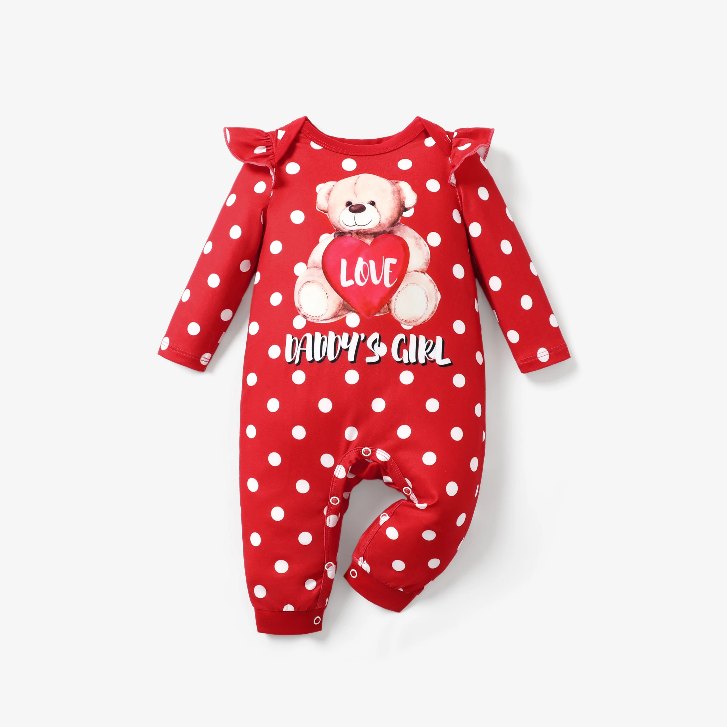 

PP PatPat Valentine's Day Baby Girl Sweet Bear and Polka Dot Print Jumpsuit