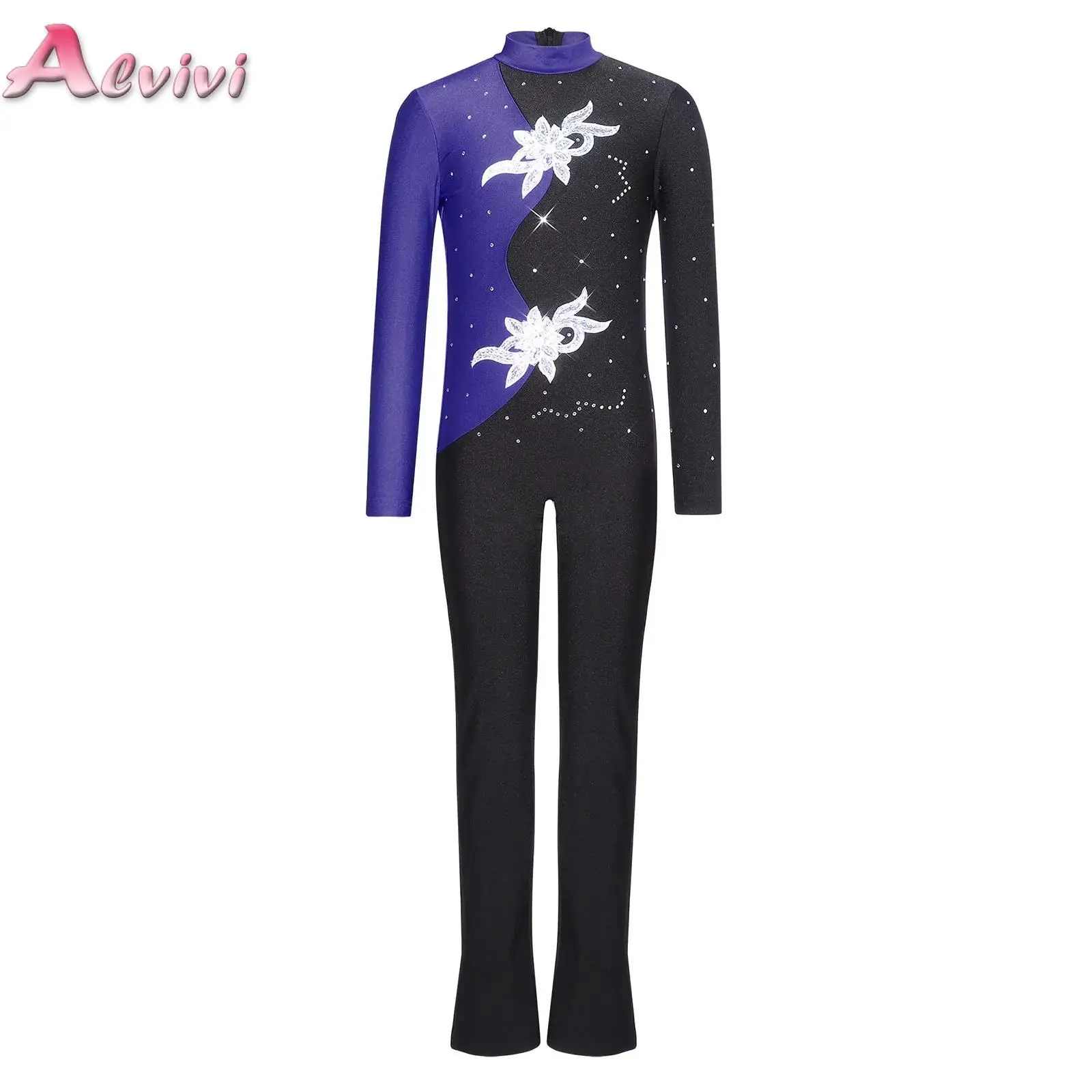 

Kids Boys Figure Skating Dance Performance Jumpsuit Mock Neck Long Sleeve Shiny Rhinestone Bodysuit for Modern Jazz Latin Ballet
