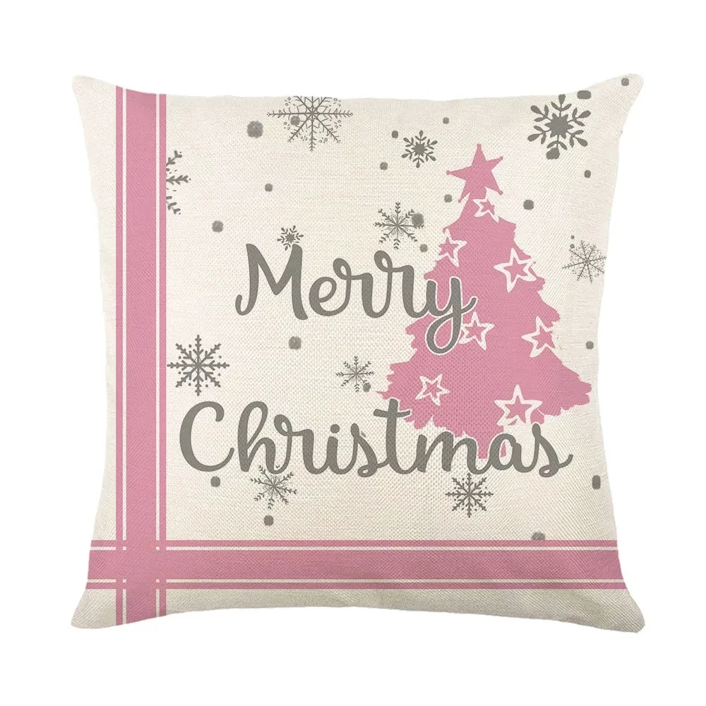 Christmas Cushion Cover 45×45cm Xmas Throw Pillow Covers Christmas Cartoons Pink Theme Pillowslip Home Decor Linen Pillowcase