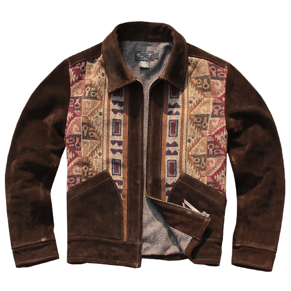 Navajo Style Nation Pattern Mans Cow Suede Jacket and Coat Vintage Autumn Winter Indian Style Woolen Topcoat Mans Overcoats