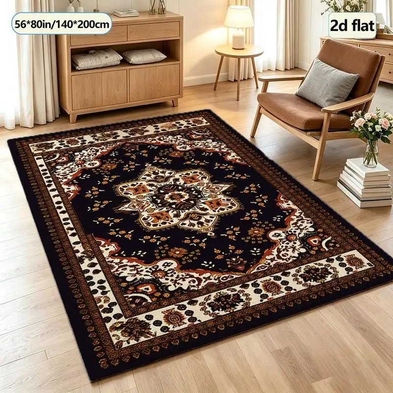 Vintage Black Ethnic Pattern Carpet Traditional Square Rug Suitable for Home Office Interior Home Decor