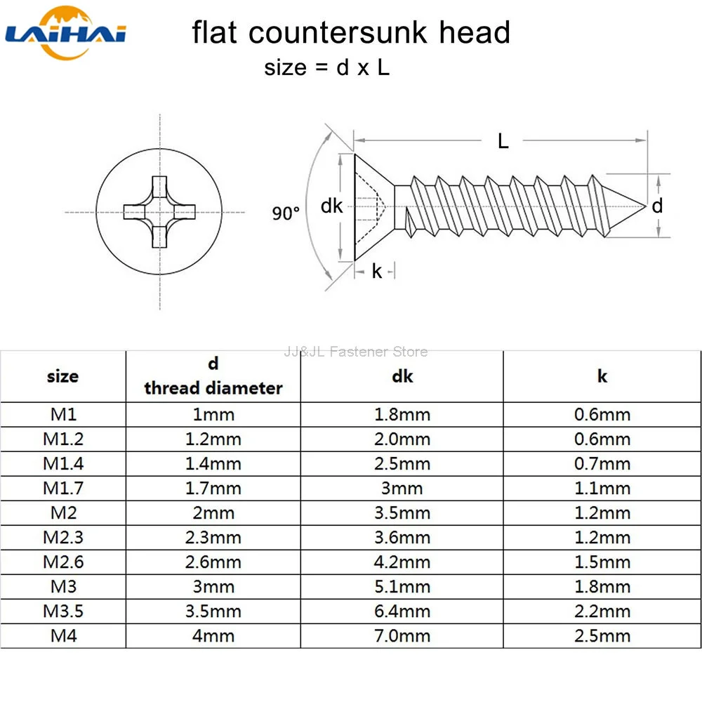 100pc M1 M1.2 M1.4 M1.7 M2 M2.6 M3 M3.5 Black Steel Small Phillips Flat Countersunk Cross Round Pan Head Self-tapping Wood Screw